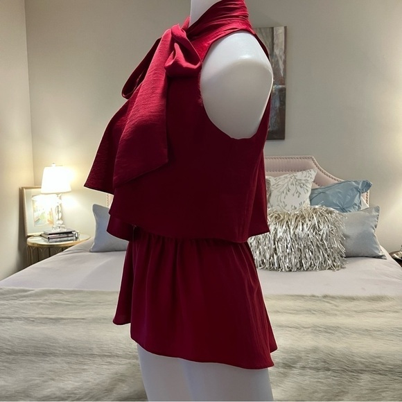 BCBGMAXAZRIA Red Celline XXS Sleeveless Pussycat Bow High Waist Peplum Blouse - Picture 4 of 14